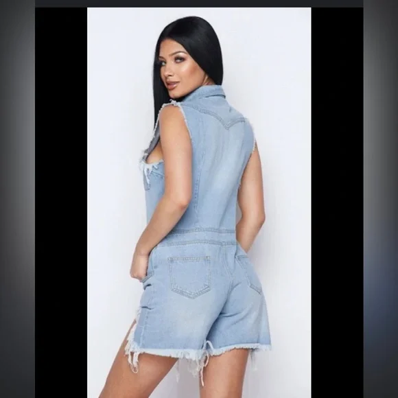 Denim Sleeveless Romper - Picture 2 of 7
